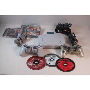Sony Playstation 1 PS One SCPH-101 Console Bundle, 2 controllers, 6 games memory